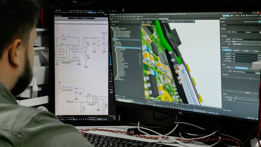 Design studio workspace with multiple monitors