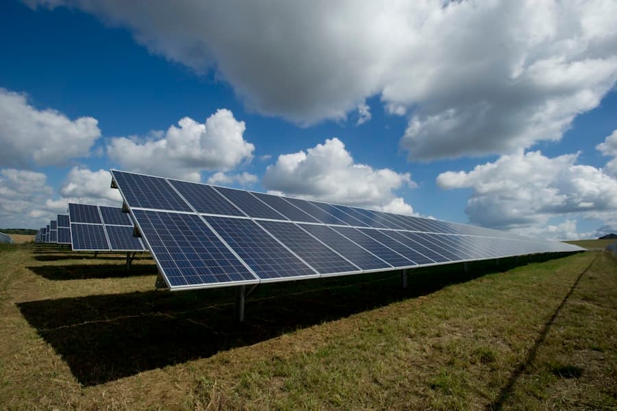 Solar panel array and wind turbines in a renewable energy facility