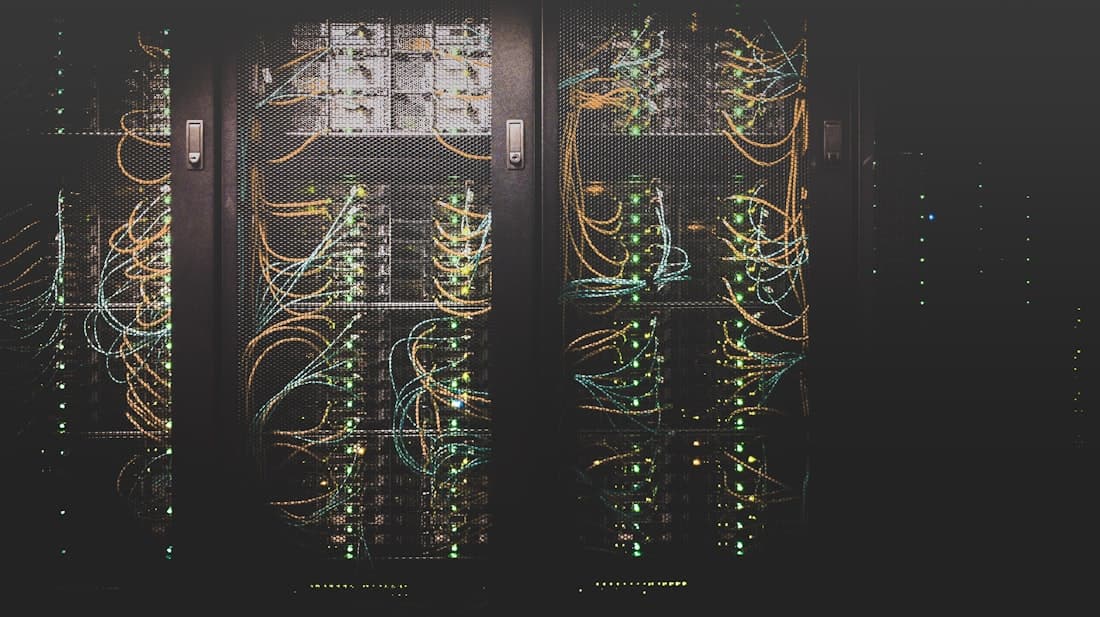 Cloud infrastructure data centre with illuminated server racks